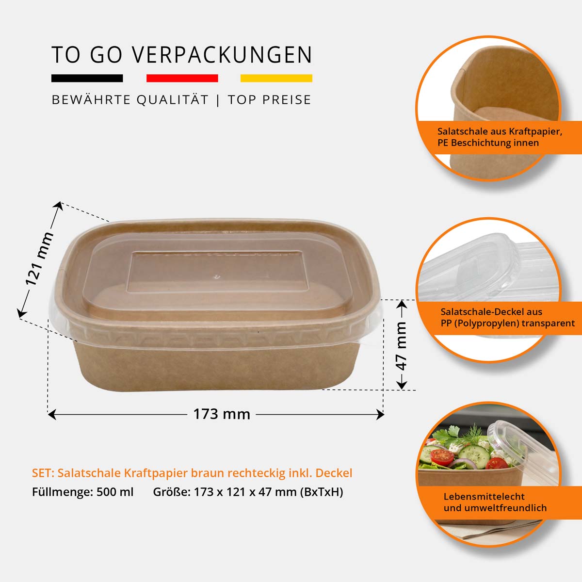 SET: Salatschale rechteckig mit Deckel - 500ml