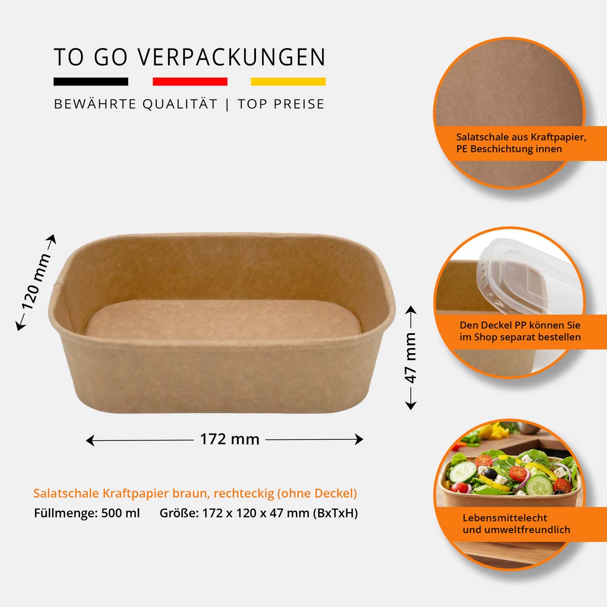Salatschale Kraftpapier rechteckig ohne Deckel - 500ml