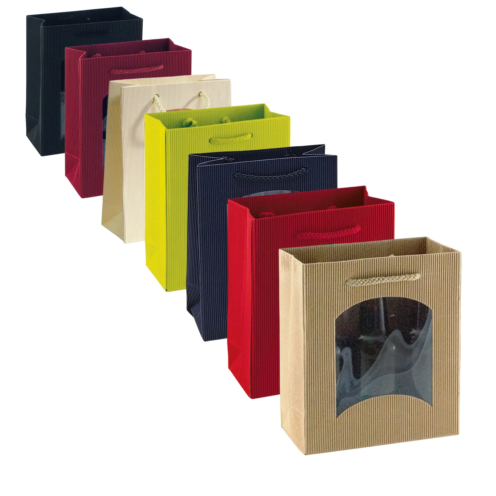 Geschenktüte Präsenttasche Geschenktasche Kraftkarton Feine Welle mit Sichtfenster, 7 Farben