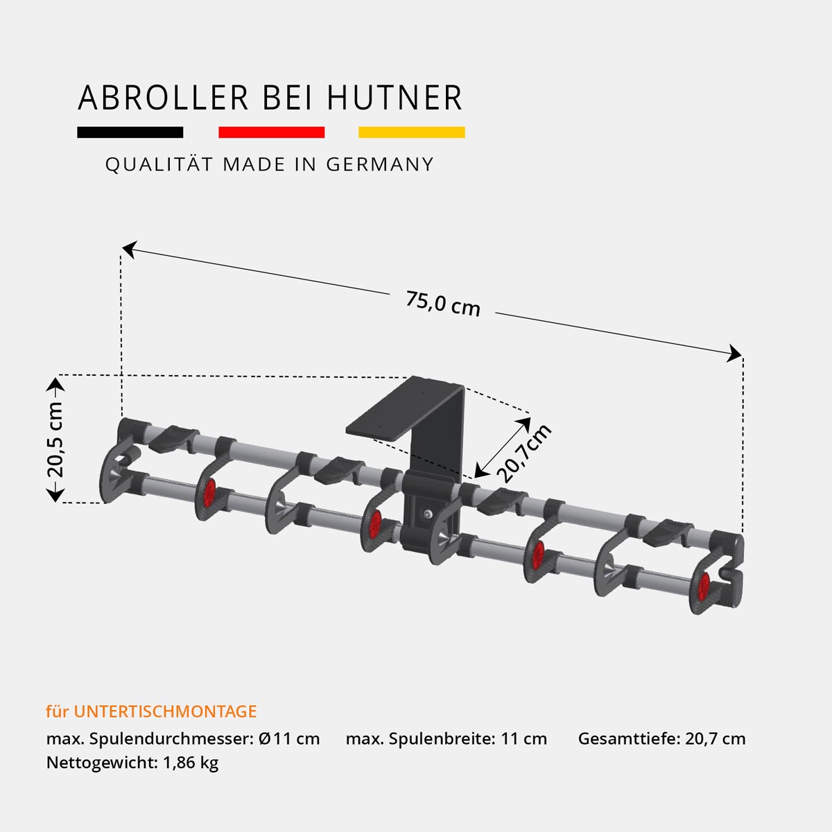 VARIO Bandabroller 4-fach zur Untertischmontage Bemaßung VARIO Bandabroller 4-fach zur Untertischmontage Bemaßung