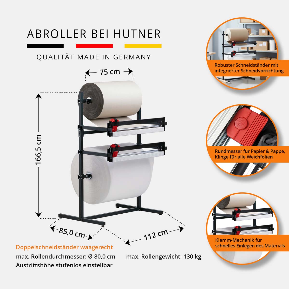Abrollständer mit 2 Schneidvorrichtungen für 2 Rollen mit max. Rollenbreite 75 cm