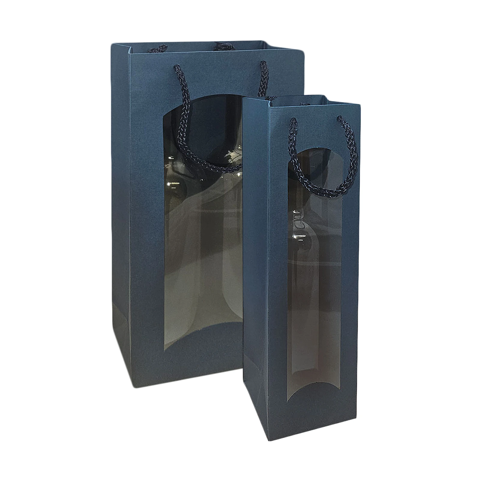 Flaschentasche Flaschentüte Geschenktüte Kraftpapier Struktur matt blau, Sichtfenster, 2 Größen