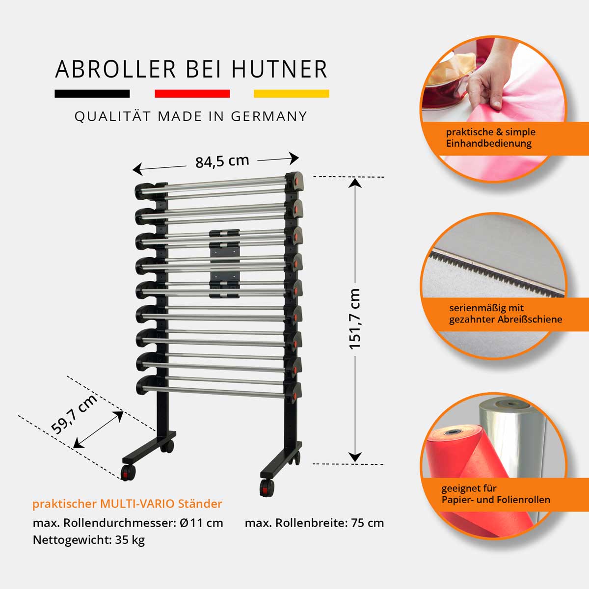 VARIO Multi Abrollständer mit 9 Papier- und Folienabroller Bemaßung VARIO Multi Abrollständer mit 9 Papier- und Folienabroller Bemaßung