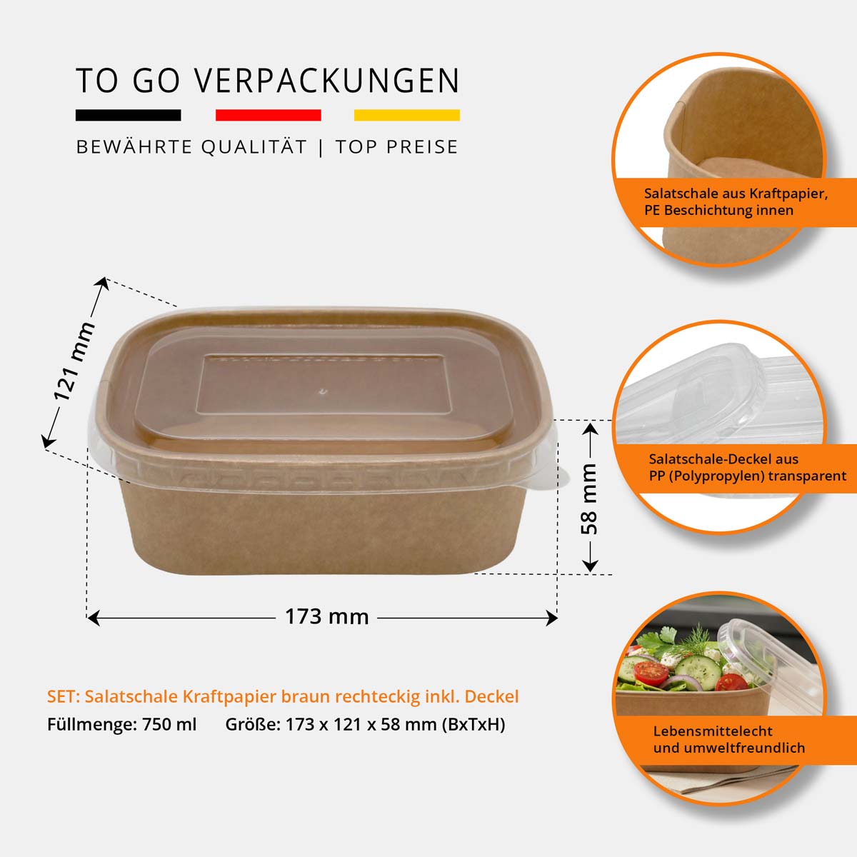 SET: Salatschale rechteckig mit Deckel - 750ml