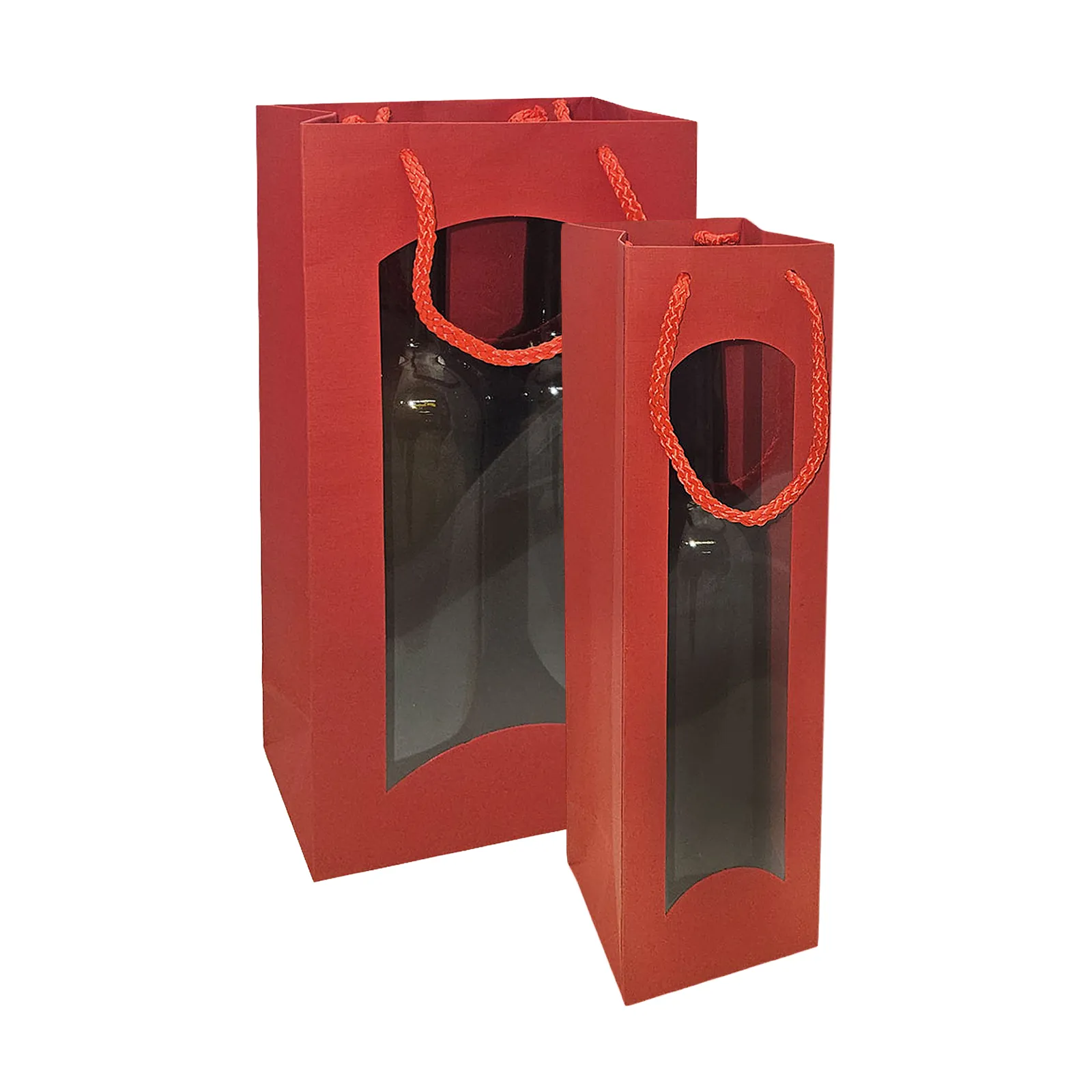 Flaschentasche Flaschentüte Geschenktüte Kraftpapier Struktur matt rot, Sichtfenster, 2 Größen