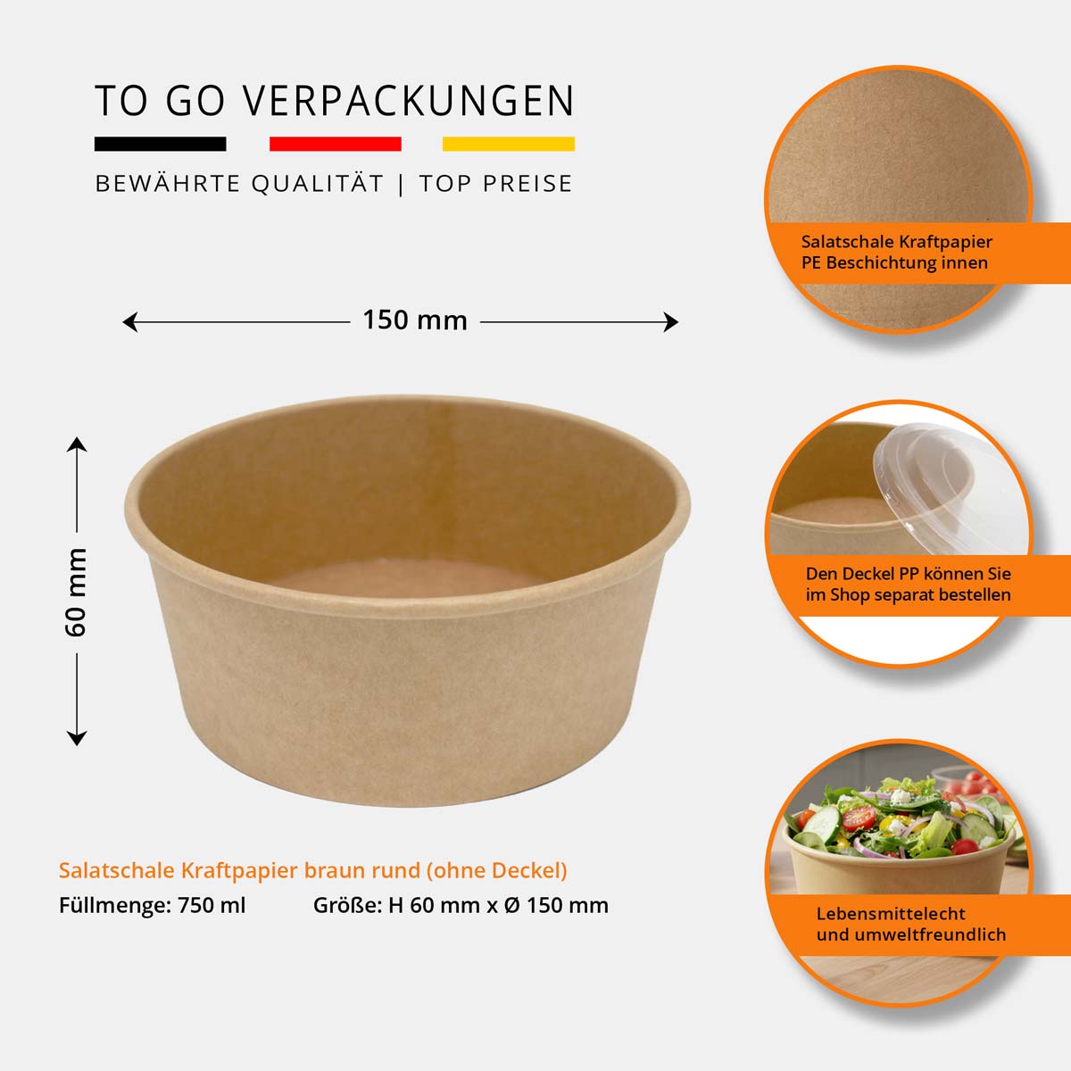 Salatschale Kraftpapier rund ohne Deckel 750ml
