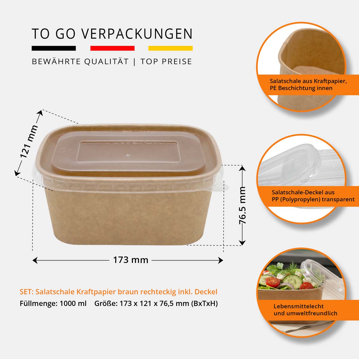 SET: Salatschale rechteckig mit Deckel - 1000ml