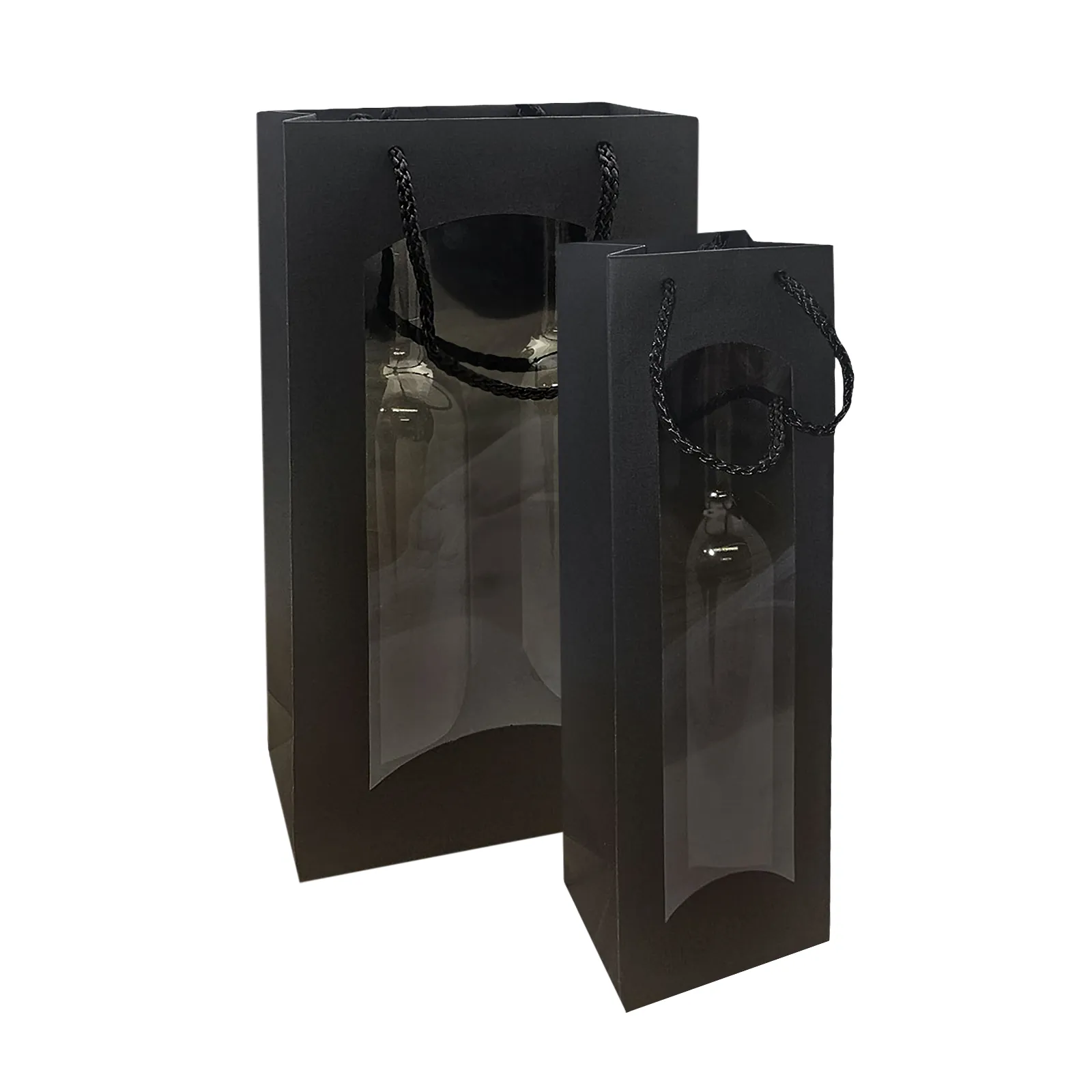 Flaschentasche Flaschentüte Geschenktüte Kraftpapier Struktur matt schwarz, Sichtfenster, 2 Größen