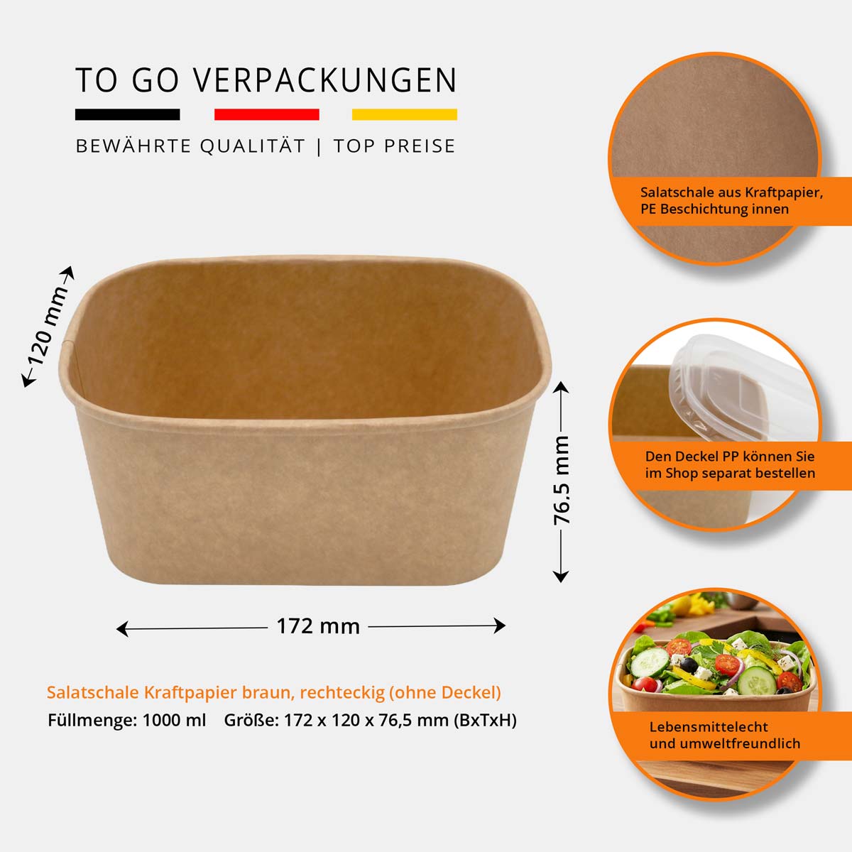 Salatschale Kraftpapier rechteckig ohne Deckel - 1000ml