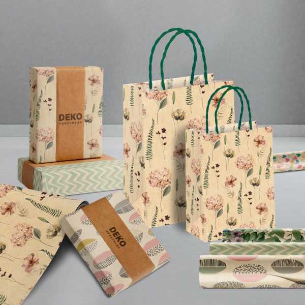 Set Blooms, Zuckerrohrpapier, Geschenkpapierrolle Röllchen + Geschenktüten, 2 Größen