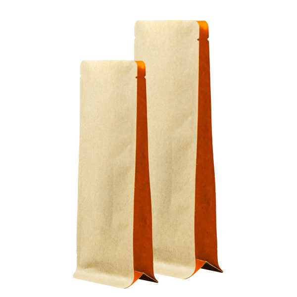Bodenbeutel Boxpouch Kraftpapier braun ohne Alu, Seitenfalte orange, versch. Größen