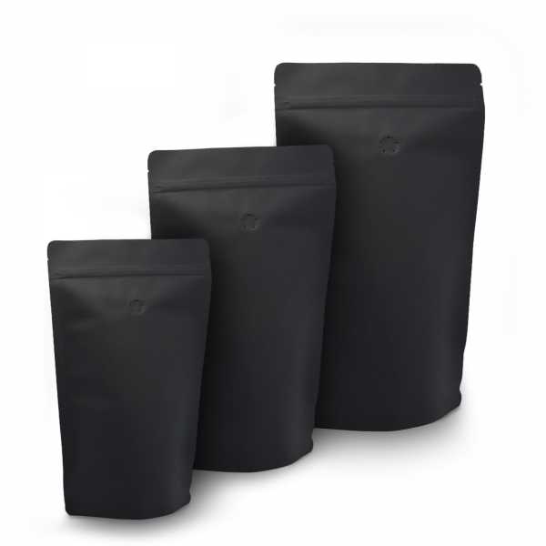 Standbodenbeutel - Doypack schwarz ohne Alu mit Druckverschluß u. Aromaventil in versch. Größen