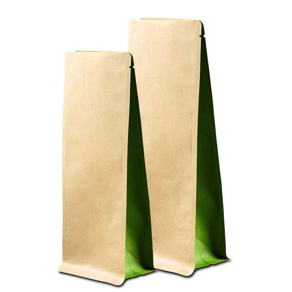 Bodenbeutel Boxpouch Kraftpapier braun ohne Alu, Seitenfalte grün, versch. Größen