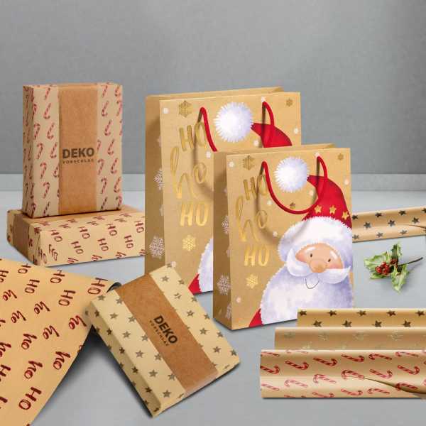 Set Weihnachten Nature Shining, Geschenkpapierrolle Röllchen + Geschenktüten, 2 Größen